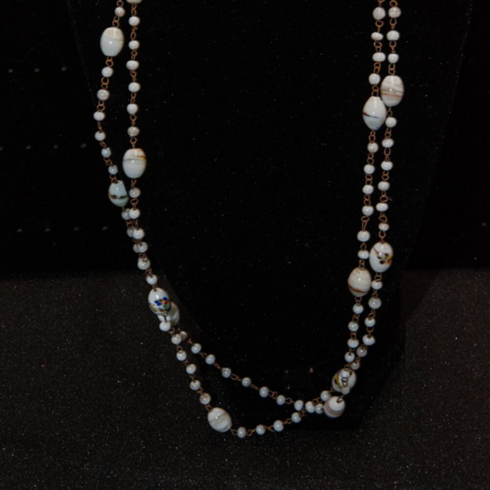 Art Deco Milk Glass Hand Painted Bead Necklace 50"